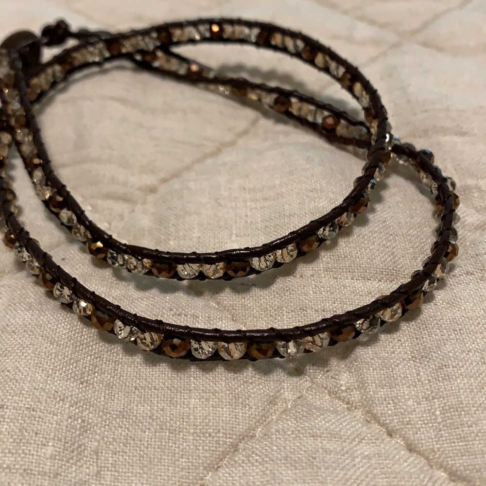 Double wrap leather and bead bracelet
